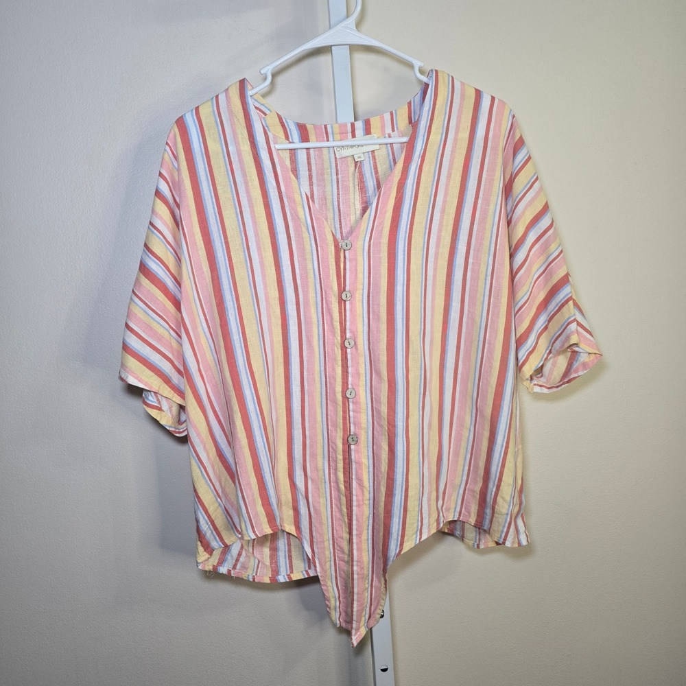 Cynthia Rowley Womens XL Striped Button Front Tie Hem Blouse Pink Yellow Blue‎